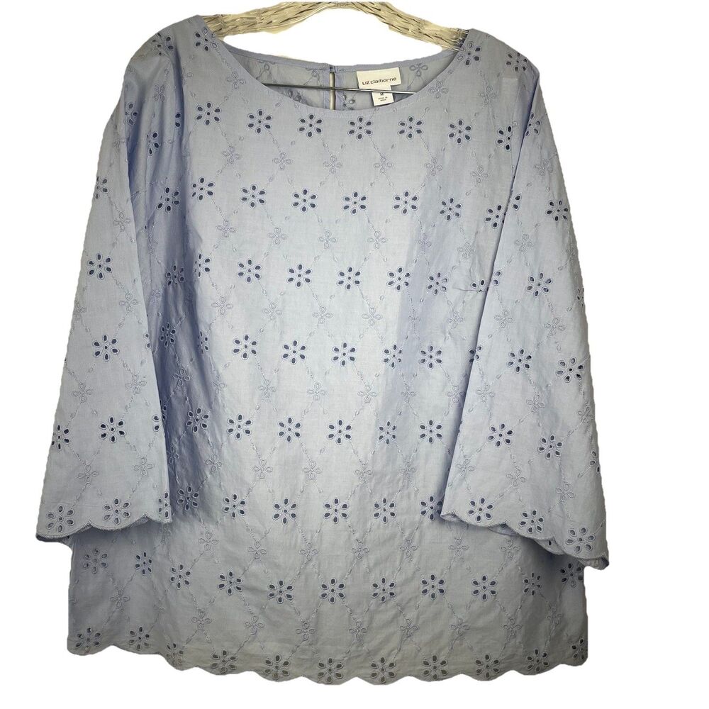 Liz Claiborne Career Peach Women’s Eyelet Top 3/4 Bell Sleeve 100% Cotton-M